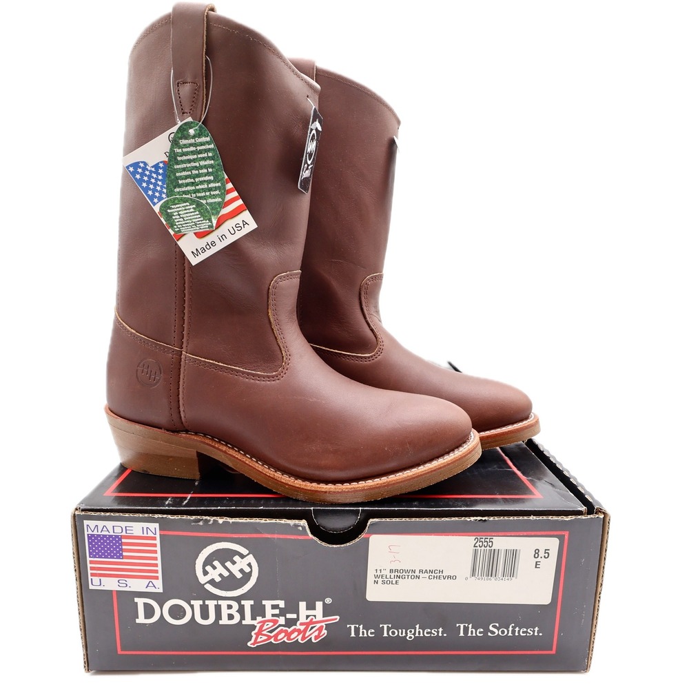 Double-H 2555 Brown Ranch Wellington Boots Mens 8.5 E Leather Made in USA NWT